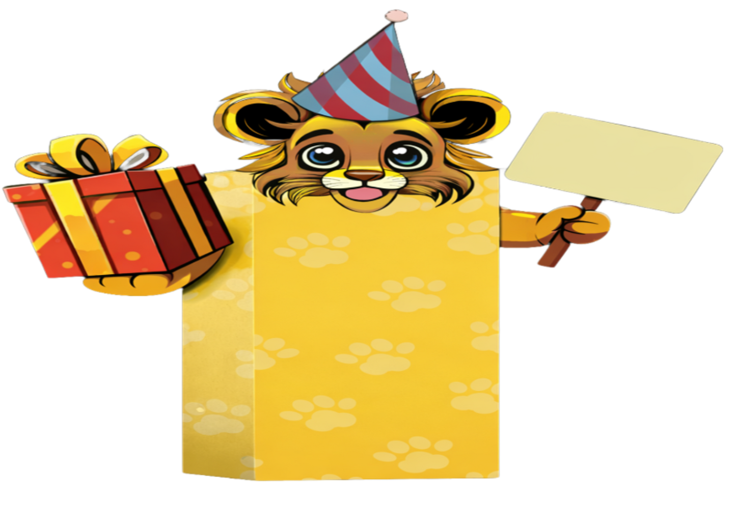 Cartoon lion character with a party hat, gift box, and sign on a white background