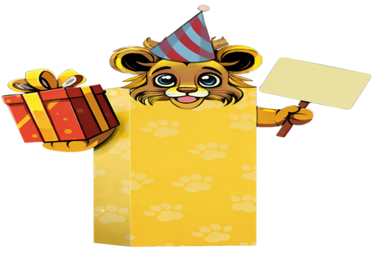 Cartoon lion character with a party hat, gift box, and sign on a white background