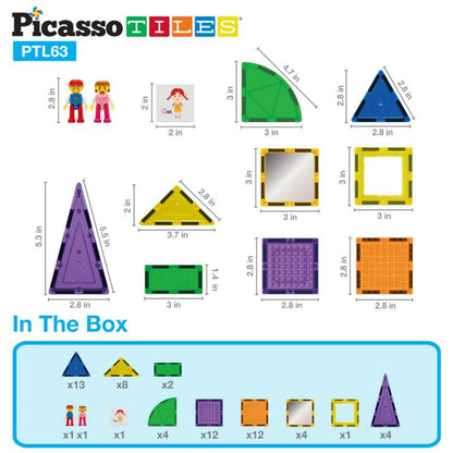 Picasso Tiles - Magnetic Building Bricks And Tiles - 63 Pcs
